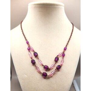 Vintage Purple & Pink Glass Bead Two-Strand Necklace With Copper-Tone Chain